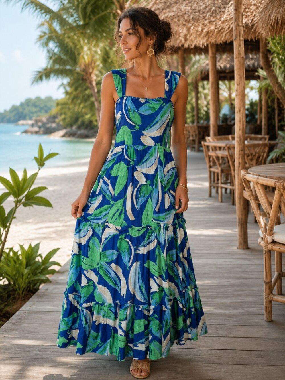 BAND OF THE FREE Tropical Maxi Dress Boho Tiered Resort Vacation Dress Summer M